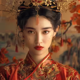 an illustration of a woman with red lipstick wearing traditional clothing,a close up of a young woman wearing an asian headdress