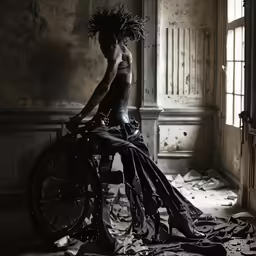 a woman with a wig is riding on an old bicycle