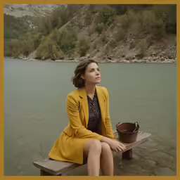 the young lady sits on the bench by the water