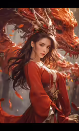 an asian woman with long hair in front of a dragon