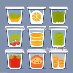 set of plastic containers with different juices and food