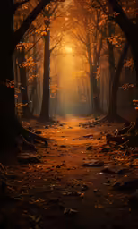 a pathway through a forest that leads to a large light
