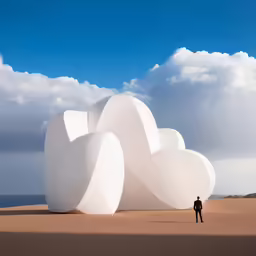 a lone person standing in front of large white objects