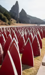 a very large field full of very tall red posts