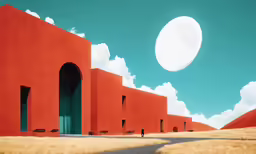 a red building with an archway and some clouds