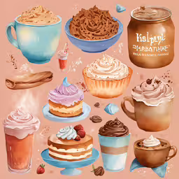 some items that are on a light pink background,a drawing of a variety of desserts and drinks