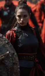 a young lady with an unimpressed face in costume and long gloves