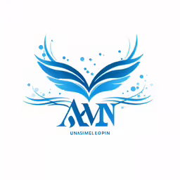 a white and blue logo with a pair of wings on the front