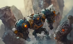 three yellow and black robots are fighting each other