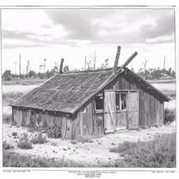 a black and white drawing of a small house with a porch and door on it