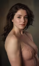 an attractive young lady in her tan lingerie posing for the camera