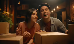 a man and woman are sitting next to boxes