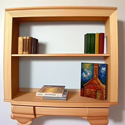 this is a book shelf with books and a clock on it,a wooden shelf holding some books and a book case,a shelf is holding several books in a room,a shelf with books and a painting on it,three books and a small book on top of a wooden shelf