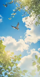 a pigeon flying high in the sky over some leaves