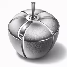 an illustration of a silver apple with a metal stem