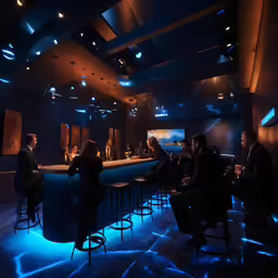 people at a bar, some sitting at a counter and two standing on stools