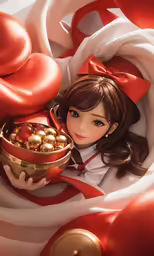 a very cute doll with big breasts holding a bowl of food