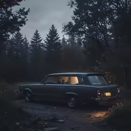 an old car sitting on a road at night