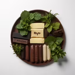 chocolate candies, mint leaves and other assorted items sit on a plate