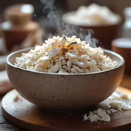 a bowl filled with white rice sitting on a wooden cutting board