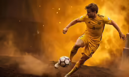 a man is kicking a soccer ball in front of an orange backdrop