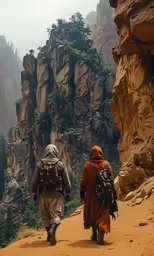 two people walking together along a mountain path