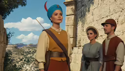 two actors stand in front of an old building and talk