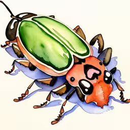 an insect with large green antennae sits on the ground,a bug with two faces on top of a blue flower