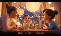two dolls are sitting at the table eating