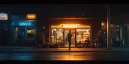 people walk on the sidewalk at night in front of a business