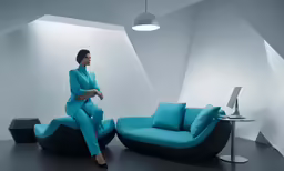 the woman sits on the couch in the room