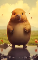 a capy bear is standing on his hind legs in front of a grassy field