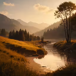 a beautiful landscape with mountains, trees, and a river in the foreground,a beautiful lake surrounded by mountains under a cloudy sky
