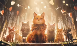 the kitten is sitting in front of all of his different cats