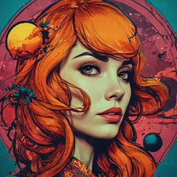 an illustrated drawing of a woman in a surreal style,a portrait of a red headed woman with large eyes