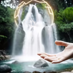 a hand holding out an item near a waterfall