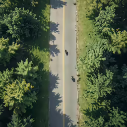 two motorcycles are traveling down a highway surrounded by trees