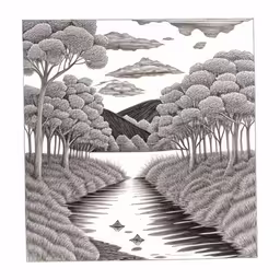 a pencil drawing of trees and water,a pencil drawing of the landscape with trees and clouds,a drawing of the trees that were growing in the water and some clouds in the sky,the painting shows trees, mountains and water with clouds,a drawing of a lake in the woods