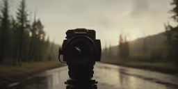 a camera sitting on top of a tripod overlooking the water