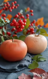 two apples are sitting on a cloth by a red berry