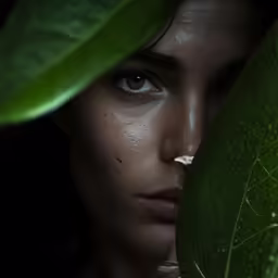 a woman with a green leaf behind her