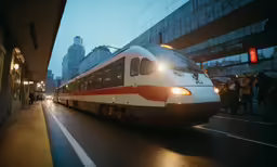 a very tall silver train on a city street