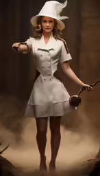 a girl in a short white dress wearing a hat