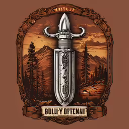 a logo for billy oftenn shows a large knife with an intricate carving on the bottom,an illustration of a handmade sword with mountains and forest