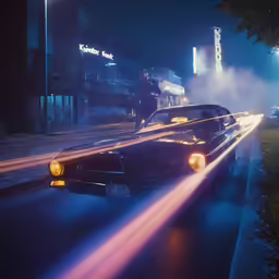a dark vintage car is on the side of the road