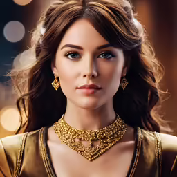 a close up of a woman wearing a very big necklace