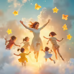 woman flying in air surrounded by many little children