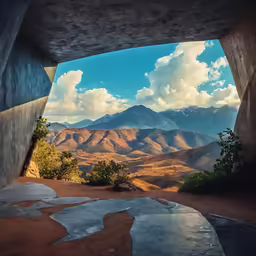 an open concrete cave with a view of mountains