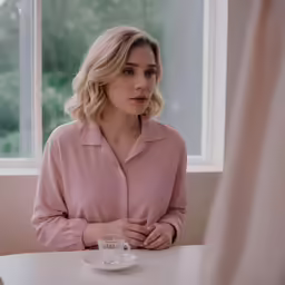 a woman sits at a table in front of the window looking to her left