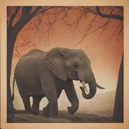 an elephant walks through trees in a misty forest